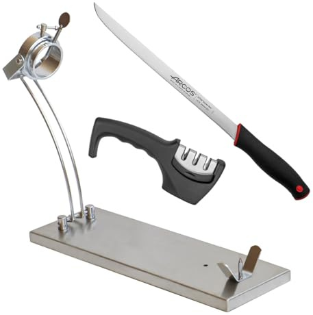 Schinkenhalter aus Edelstahl | zusammenklappbarer Schinkenhalter | drehbarer Schinkenhalter | professioneller Schinkenhalter | Professionelles Schinkenmesser und Schärfer (INOX Set A)