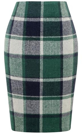 IDEALSANXUN Karierte Röcke für Damen, Herbst, Winter, Knielang, Bleistiftrock aus Wolle mit Schlitz, Grün 02, 3X-Groß