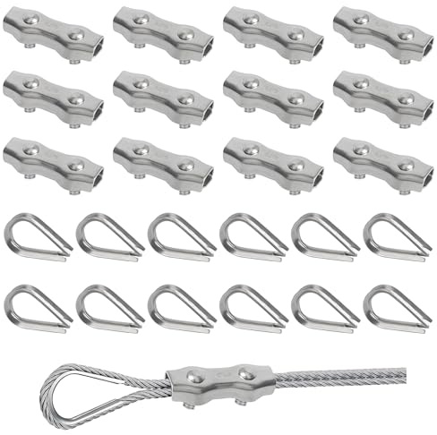 Rybtd Drahtseilklemmen 24 Stück duplex klemme 5mm Und kauschen 5mm，304 Edelstahl Drahtseile Clip M5 Seilklemme für 4mm Stahlseil Seil Takelage