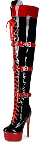 Veelau Meieer Damen Stiefel Plattform Stiletto Schnürstiefel Punk Motorrad Overknees Lackstiefel Schenkelhoch Schwarz 43 EU