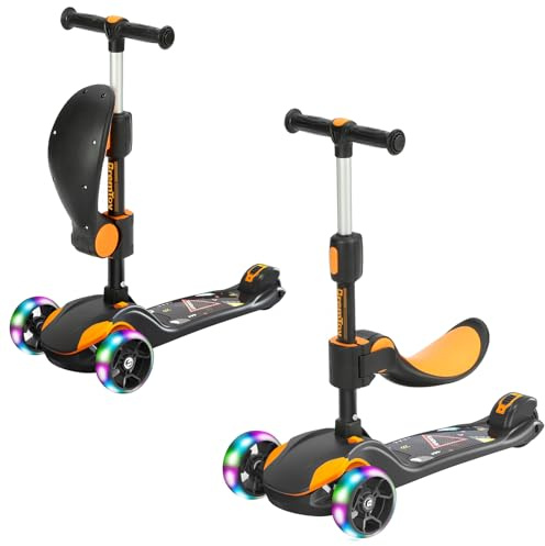 BremToy Roller Kinder mit Abnehmbarer Sitz, Kinder Roller mit Stufenlos Einstellbar, Kinder Scooter mit PU Rädern, Faltbarer Kinderroller für Kinder von 3-12 Jahren