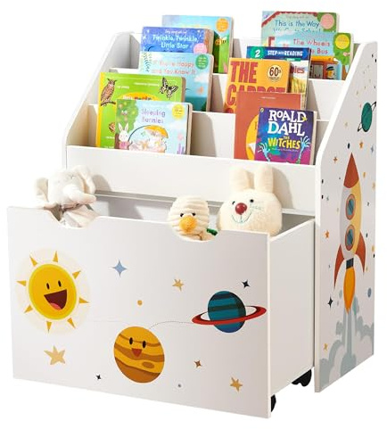 SONGMICS Bücherregal Kinder, Kinderregal, Spielzeugregal, mit 3 Regalebenen, Aufbewahrungsbox auf Rollen, multifunktional, für Kinderzimmer, Spielzimmer, weiß mit Weltraum-Motiv GKR41WT