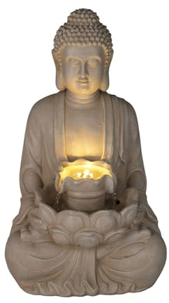Well Home Buddhabrunnen in Sandfarben mit LED-Lichtern für den Außenbereich, 28,5 x 24,5 x 48 cm