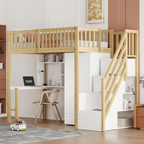 WIZBED Hochbett 90x200 mit Kleiderschrank Schreibtisch und Treppe, Kinderbetten Stauraumbett für Kinder, Funktionsbett Etagenbett Stockbett Jugendbett,ohne Matratze
