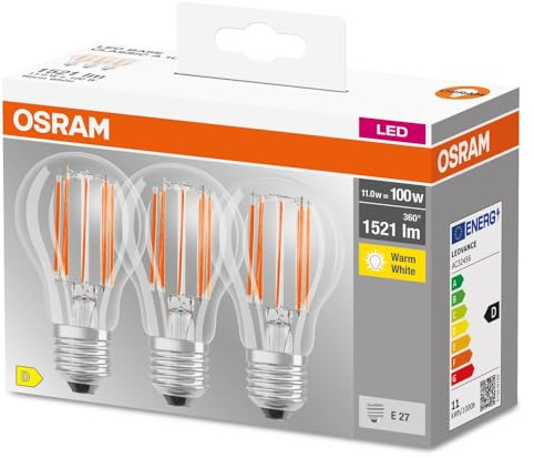 Osram LED-Lampe, Sockel: E27, Warm weiß, 2700 K, 11 W, Ersatz für 100-W-Glühbirne, klar, LED BASE CLASSIC A, 3er-Pack