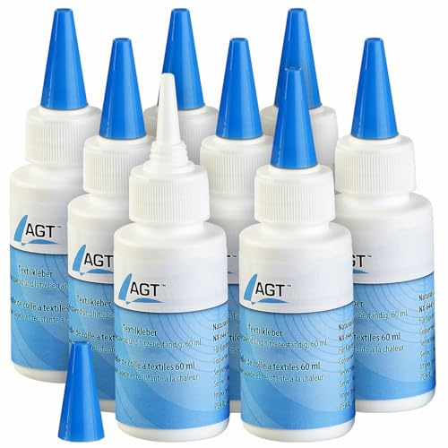 AGT Stoff-Kleber: 8er-Set Textilkleber, schnell trocknend und hitzebeständig, 8x 60 ml (Jeans-Kleber, Bügelfester Textilkleber)