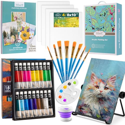 Inburit Acrylfarben Set, Painting Set, Malset mit 18 Acrylfarbe (je 22ml), Leinwand und Pinsel, Ideal für Erwachsene, Anfänger für Leinwand, Steine, Holz