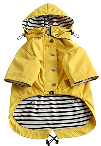 MOREZI Hunderegenmantel, mit Reißverschluss und reflektierenden Knöpfen, Regen-/wasserdicht, Verstellbarer Schultergurt, abnehmbare Kapuze, hält den Hund sauber und ordentlich-Gelb-S