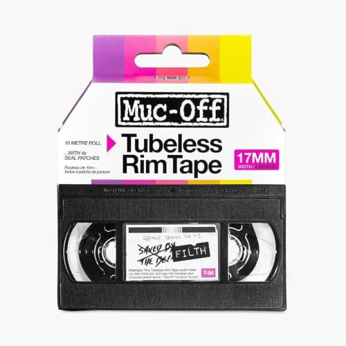 Muc Off Tubeless Felgenband, 17 mm - Druckempfindliches Felgenband für Schlauchlose Fahrradreifen - 10-Meter-Rolle mit 4 Dichtungsflicken