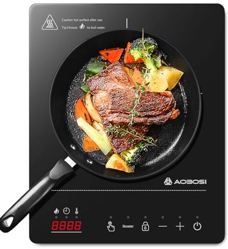 Aobosi Induktionskochfeld 1 Platte,Induktionskochplatte mit Booster-Funktion, 20 Leistungsstufen und Temperaturstufen,Kompakte Größe,2000W Tragbares Induktionskochfeld,10H-Timer,Schwarz