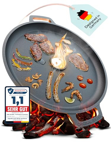 Feuerplatte aus Gusseisen mit Tropfschutz. Ø35cm. Grillplatte Plancha ideal für Raketenofen u.v.m. Outdoor BBQ-Platte mit Tragegriff. Grill Zubehör. Gusseisenpfanne. Stärke 5mm Loch Ø4cm Drei Eichen