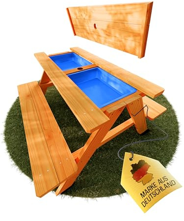 FRIEDO - 2in1 Kindersitzgruppe mit Matschtisch aus lackiertem Holz - Matschküche & Wasserspieltisch für den Garten - Gem. deutscher Standards geprüfte Kinder Gartenmöbel - Für Outdoor & Indoor Nutzung
