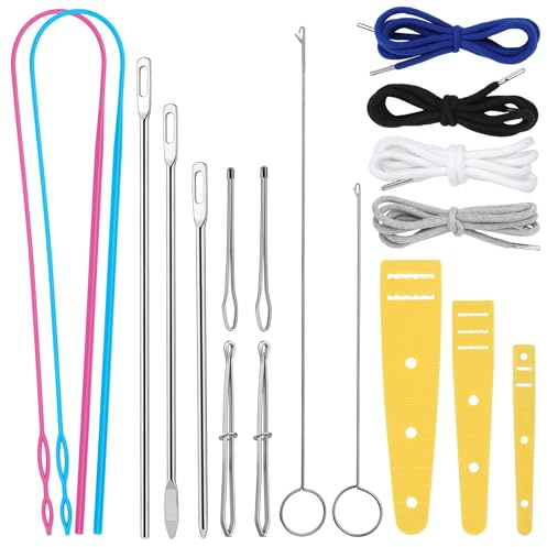 MASPHY Durchziehnadel Set, 18 Stück Einfädelhilfe Enthält Wendenadel Lange Schleife Durchziehnadel Metall Pinzette Flexible Kordelzug Einfädler für Gürtel Nähzubehör Hoodies DIY Nähnen