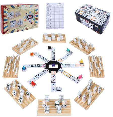 Gonoelec Mexikanisches Zug-Dominostein-Set mit 8 Holztabletts/Rack/Halterung, 91 Fliesen, doppeltes 12 Domino-Spielset mit Blechbox, klassische Brettspiele für Kinder, Erwachsene und Familien