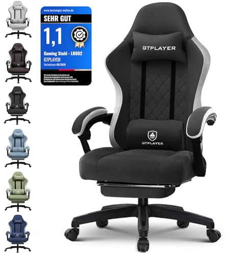 GTPLAYER Gaming Stuhl Ergonomischer Gaming Sessel Schreibtischstuhl mit Stoffoberfläche, Federsitzkissen, Verbindungsarmlehnen und Fußstütze 150KG,dunkelschwarz