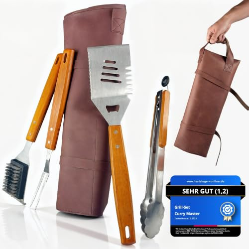 Grillset für Männer Geschenk - Grillbesteck Ledertasche mit Holzgriffen | 3-in-1 Wender mit Flaschenöffner & Schneidkante, Grill Set, Grillbürste, Spieße, Grillzubehör für Vatertag & Weihnachten