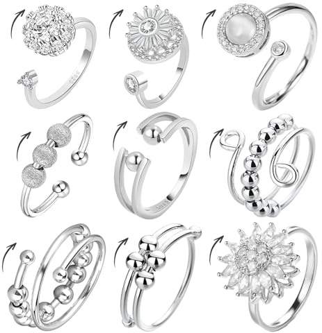 Pluvyze 9 Stück Anxiety Ring Silber Stressring Spinner Ring,Verstellbares Design,das Positivität und Kraft Symbolisiert,Stilvoll Kombiniert,Geschenke fürPlush,Freunde,Klassenkameraden und Kollegen