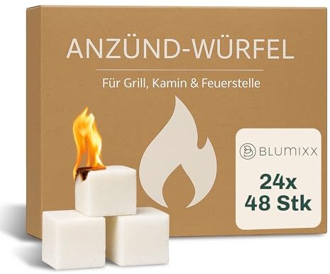 Blumixx Anzündwürfel – 24 Pakete = 1152 Würfel, Grillanzünder, Kaminanzünder und Kohleanzünder – Perfektes Grill Zubehör für Kamin und Grill, Anzünder Würfel