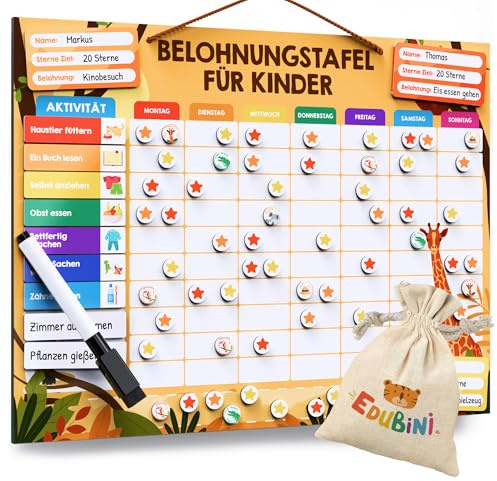 Edubini Belohnungstafel Kinder - [100 Aufgaben + 350 Magnete] - Belohnungssystem für Verantwortung - Family Plan, Montessori Magnettafel, Wochenplaner, Adhs Hilfsmittel - inkl. Tasche, Stift