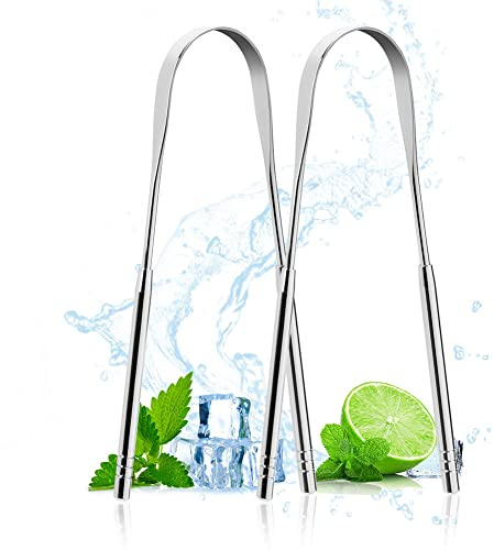 ACWOO Zungenreiniger Edelstahl, 2 Stück Zungenschaber Set, Toungescraper für Erwachsene Mundpflege Cleaner, Tongue Scraper Probadent Gegen Mundgeruch Zungenbürste Heilt Schlechten Atem(Silber)