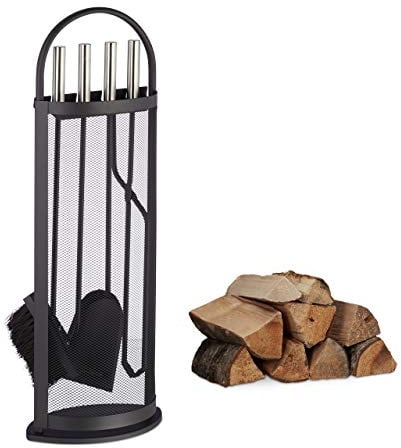 Relaxdays Kaminbesteck modern, Kamingarnitur Set 5 teilig, Stahl, mit Halter, Schaufel, Besen, Zange und Haken, schwarz