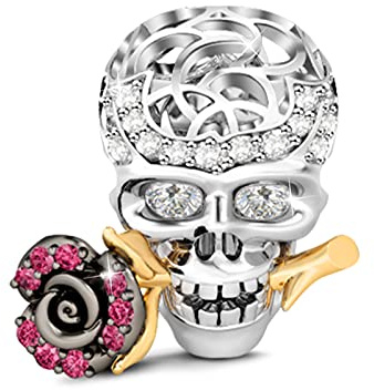 GNOCE Schädel Liebe Rose Charm Anhänger 925 Sterling Silber Perlen Charms mit weißen und Rosen Zirkonia für Armbänder Halsketten