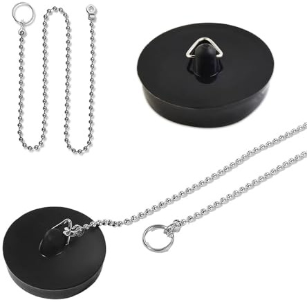 Dreamil Abflussstopfen 2 Stück Spüle Abflussstöpsel Gummistöpsel mit 18cm Stopperkette, Spülbecken-Abflussstöpsel für Badewanne, Küche, Badezimmer, Spülbeckenstopfen (40–45mm, schwarz)