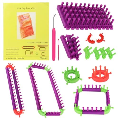 Coopay Kombinierbar Strick Webstühle Set, Verstellbar Strickrahmen mit Häkelnadel und Nadel, Kann in Quadrat/Runde Kunststoff Strickringe für Socken Mützen Schals Pullis, Klassischen Strickliesel 2,0