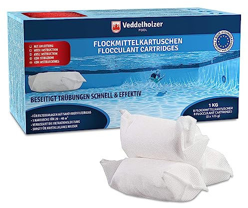 Veddelholzer 1 kg Flockmittel Pool Kartuschen 8 x 125g für Filteranlagen Sand & Glas. Pool Flockungsmittel als Poolreiniger, Poolklar, Poolpflege, Pool Zubehör für klares Wasser.