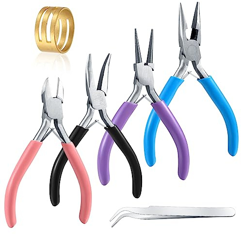 Packung mit 4 Schmuckzangen mit Set, Ring & Pinzette, Schmuck Basteln | Nadelzange + lange Spitzzange + Kettenzange + Drahtschneider. Ideal für Perlen, Halsketten, Reparatur & DIY