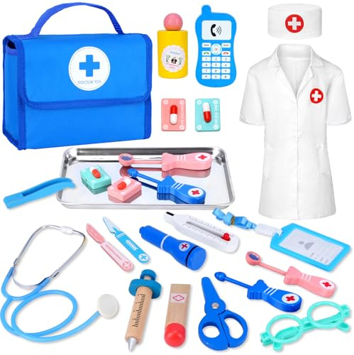 TGTT Arztkoffer Kinder Holz, Doktorkoffer mit Echtem Stethoskop, Thermometer, Spritze, Arzttasche und Arztkittel, Geschenk für Kinder ab 2 3 4 5 Jahren