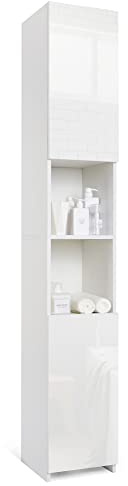Mondeer Badschrank Hochschrank, Badezimmerschrank Schmal mit 2 Hochglanztüren und 6 Trennwänden Verstellbar Modern, 30 x 30 x 184 cm Weiß