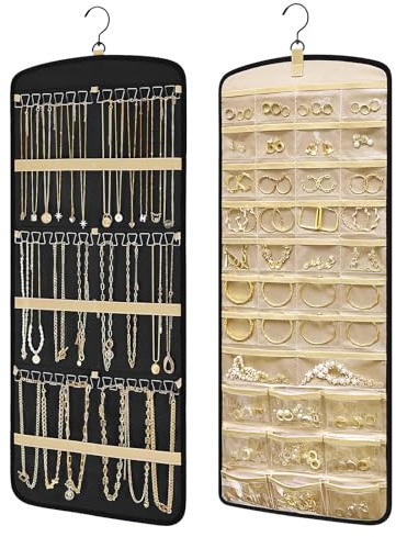 Kisvic Schmuck Organizer Hängend, Schmuckaufbewahrung Doppelseitige mit Metallhaken, Ketten Aufbewahrung zum Aufhängen für Ohrringe Halsketten Ringe an Schrank, Wand, Tür