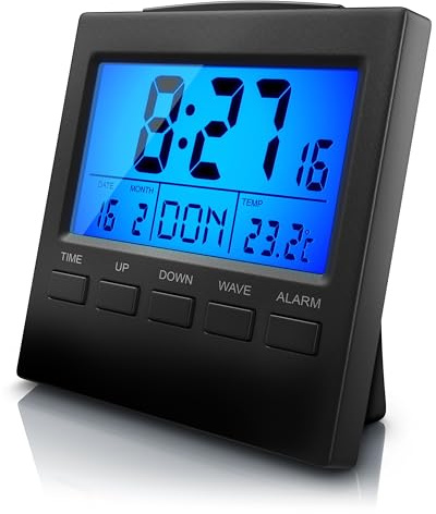 CSL - Reisewecker Funk digital - Funkwecker mit Temperaturanzeige - DCF Funkuhr - 3,3 Zoll LCD-Display mit Blauer LED Hintergrundbeleuchtung - Wecker mit Innen- Datums- und Wochentagsanzeig