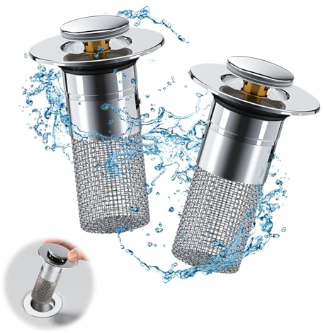 RISAKOGO 2-in-1 Waschbeckenstöpsel mit Abflusssieb, 2 STK, Silber, Universell für 33-35mm Abfluss, Haarsieb, Wasserhalt und Ablassmodus, Bad, Küche, Badewann