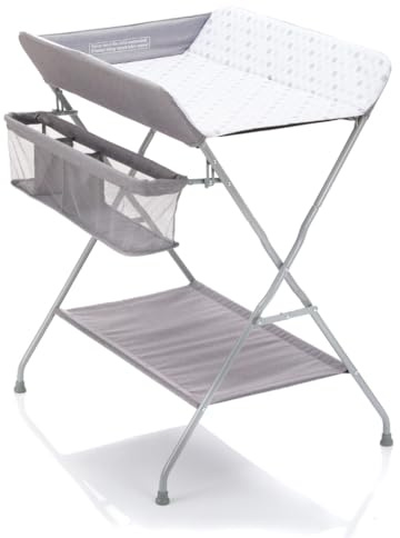 Fillikid Baby Wickelkombi - klappbare Wickelkommode, mobiler Wickeltisch mit Wickelauflage und Ablagefächern, platzsparend und stabil - Punkte Grau