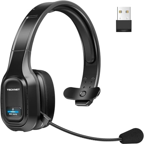 TECKNET Kabelloses Bluetooth-Headset mit Mikrofon, Geräuschunterdrückung | 2,4 GHz / Bluetooth 5.0, wiederaufladbar, Batterielaufzeit 55 h, Reichweite 10 m, geeignet für Lkw-Fahrer/Anrufzentren/Skype