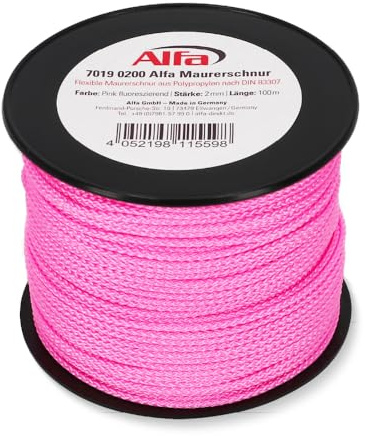 1x Alfa Maurerschnur Pink 100 m Länge Ø 2,0 mm Profi-Qualität Polypropylen rund geflochten Reißfest & Belastbar Richtschnur Bauschnur Lotschnur Pflasterschnur