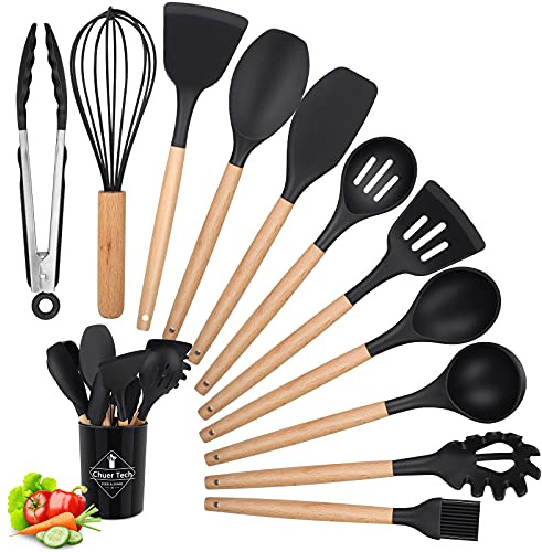 Küchenutensilien, Silikon, Holz, 12-teiliges Set, BPA-frei, antihaftbeschichtet, kratzfest und hitzebeständig, Küchenwerkzeug für Schöpflöffel, Pfannenwender, Nudellöffel