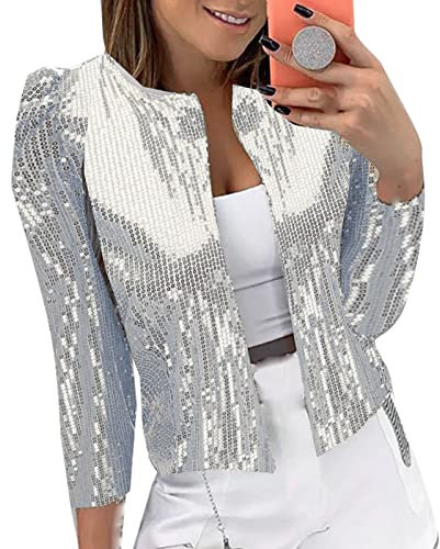 TDEOK Glitzer-Sakko Damen Kurz, Kurzblazer Festlich Silber-Schulterjacke