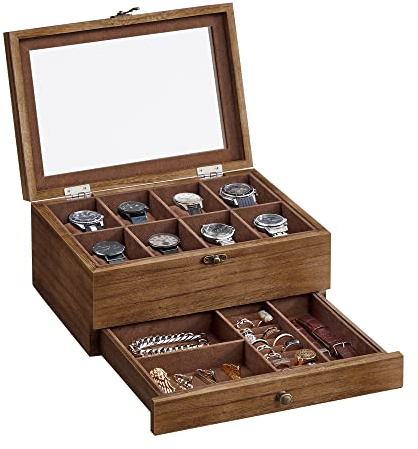 SONGMICS Uhrenbox mit 8 Fächern, Uhrenkasten aus Massivholz, mit Glasdeckel, Uhrenkissen, Schmuckaufbewahrung, Geschenk für Ihre Liebsten, walnussfarben JOW008K01