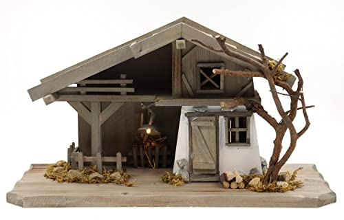 ELLUG Holz Krippenstall, Holzkrippe, Weihnachtskrippe mit Licht 38 * 18 * 21cm (OHNE Krippenfiguren) Krippenstall aus Holz mit Beleuchtung für Figuren bis 10cm Höhe