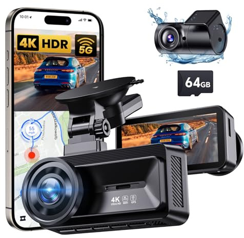 COOLCRAZY Dashcam Auto Vorne Hinten 4K UHD Dual Kamera + kostenlose 64GB SD-Karte mit 5G WiFi & GPS - 3 Zoll IPS Bildschirm, Nachtsicht HDR, App Steuerung, 24h Parkmonitor für Autos