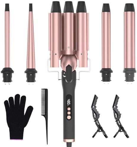 iToncs 5-in-1 Lockenstab-Set, 3 Fässer Welleneisen mit auswechselbarem Keramik-Lockenstab, Geeignet für große und kleine Locken, 9-32 mm schnelles Aufheizen, mit 2 Haarklammern und Kamm