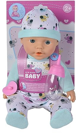 New Born Baby kleiner Elefant, Vollvinylpuppe mit Trink und Nässfunktion, Flasche und Schnuller, 30cm, ab 2 Jahren, Grau