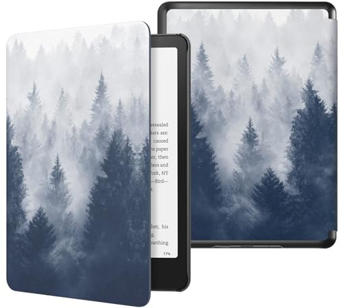 MoKo Hülle für 7 Kindle Paperwhite(12. Gen 2025/2026)&Kindle Colorsoft Signature Edition 2025/2026, Leichte PU-Schutzhülle mit Auto Schlaf/Aufwach PC Rücken für Kindle Paperwhite 2024, Grauer Wald