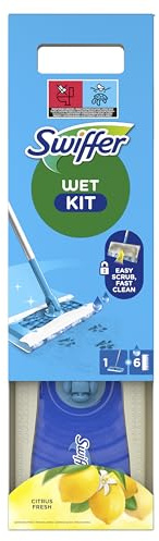 Swiffer Bodenwischer Wet Mop Starter-Set Zur Reinigung Von Böden Mit Schrubbwirkung, Enthält: 1 Bodenwischer, 6 Feuchte Bodentücher
