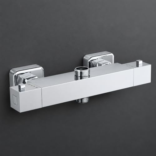 MORADO Duscharmatur Mit Thermostat, Armatur Dusche, Mischbatterie Dusche Mit 2 Auslässen, 3/4 BSP (26,4 mm) Auslass Oben und 1/2 BSP (21 mm), Quadratische Form, Verchromt
