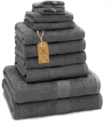 Green Mark Handtuch-Set mit 10 Teilen – 100% Baumwolle – 4 Handtücher 50 × 100 cm, 2 große Duschtücher 70 × 140 cm, 2 Gästetücher 30 × 50 cm und 2 Waschhandschuhe – Anthrazitgrau