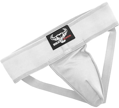 Boxen Tiefschutz Cup Herren schweißabsorbierend belüftet verstellbar Sparring Tiefschutz Jockstrap Taekwondo Karate Training Unterwäsche Jiu Jitsu BJJ Schutz Kickboxen MMA Muay Thai (L, Weiß)